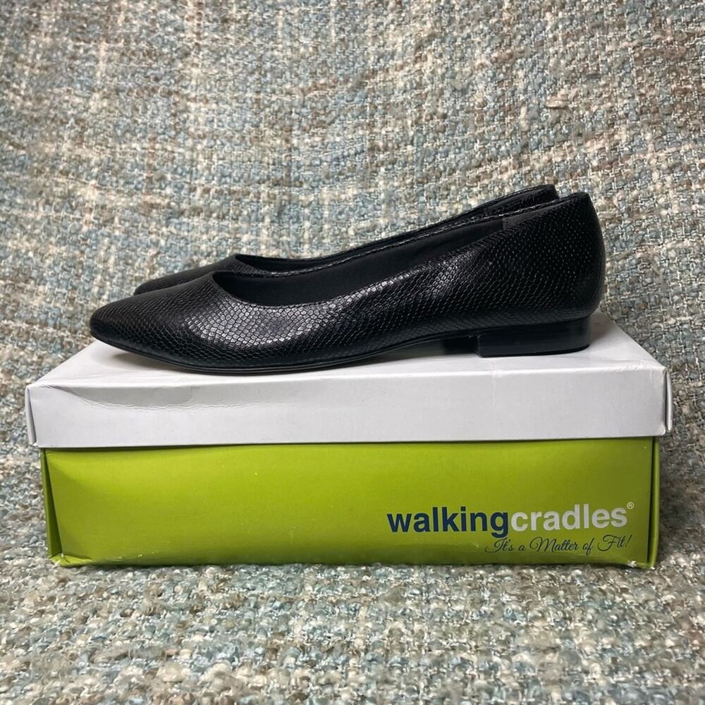 Walking Cradles Reece Pointed Toe Flats in Black Snakeskin Print Leather